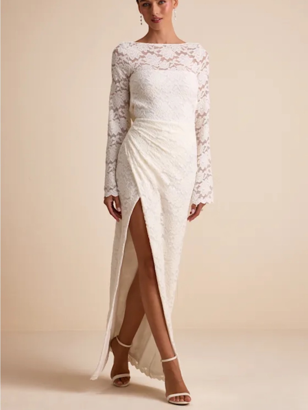 Lulu's Cream Lace Long-Sleeve Wedding Maxi with Front Slit and open back